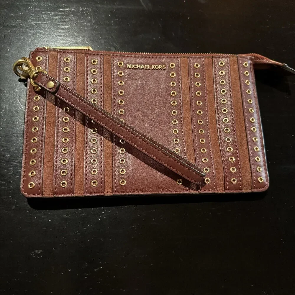 Michael Kors Brooklyn Grommet Medium Phone Wristlet in Leather Brown Brick